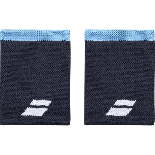 Two absorbent black Babolat Jumbo Logo Wristbands with light blue elastic bands efficiently manage perspiration. Each has a white logo of two parallel slanted rectangles on the lower right corner.