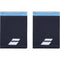 Two absorbent black Babolat Jumbo Logo Wristbands with light blue elastic bands efficiently manage perspiration. Each has a white logo of two parallel slanted rectangles on the lower right corner.