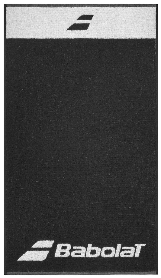 Introducing the Babolat Medium Towel in Black/White by Babolat, made from 100% cotton. This towel showcases the classic Babolat logo at both the bottom center and top edge, making it an ideal companion on the court.