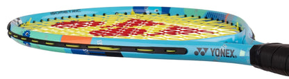 Close-up of the Yonex Junior 23 Ocean Blue Tennis Racket, featuring a vibrant blue frame and colorful design—ideal for young players wanting a lively kids tennis racket with the Yonex logo proudly displayed.