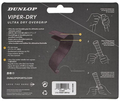 The packaging for the Dunlop Viper-Dry Tennis Overgrip - 3 Pack - Black emphasizes its exceptional durability and perspiration absorption. It features multilingual product information and application instructions, along with diagrams that demonstrate how to properly attach the overgrip to a racket handle for optimal grip and control.