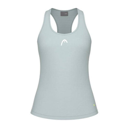 Discover the HEAD Spirit Women's Tennis Tank Top in Infinity Blue, crafted from moisture transfer microfiber with a sleeveless racerback design. It sports a distinctive small white logo on the chest and features a subtle round yellow emblem near the bottom left hem, making it an ideal choice for active sportswear enthusiasts.