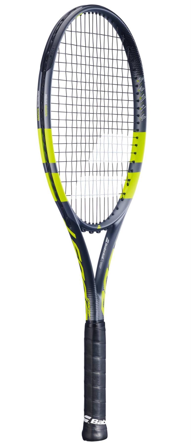 The Babolat Boost Aero 2026 Tennis Racket is an entry-level black and yellow racket with a black grip, strung head, and the Babolat brand name displayed on the throat.