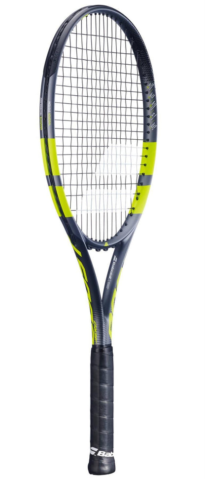 The Babolat Boost Aero 2026 Tennis Racket is an entry-level black and yellow racket with a black grip, strung head, and the Babolat brand name displayed on the throat.