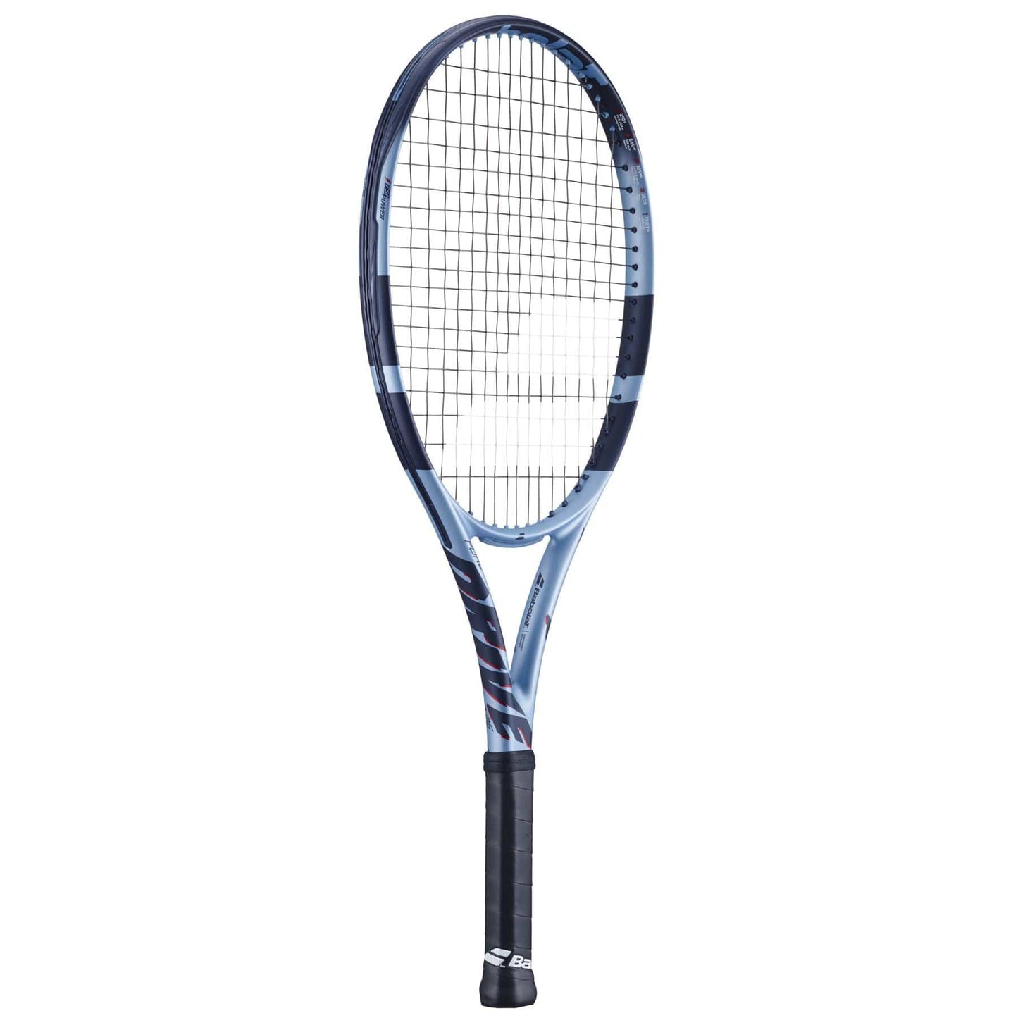 The Babolat Pure Drive Junior 26 Gen 11 Tennis Racket by Babolat features a blue and black design, a grid of strings, and a wrapped black handle, shown against a plain white background.