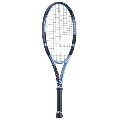 The Babolat Pure Drive Junior 26 Gen 11 Tennis Racket by Babolat features a blue and black design, a grid of strings, and a wrapped black handle, shown against a plain white background.