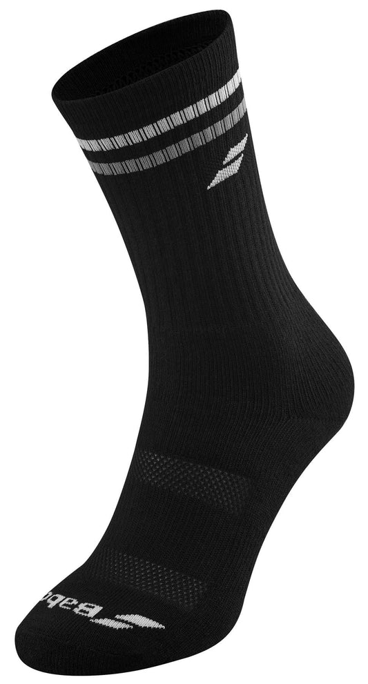 The Babolat Men's Team Single Tennis Socks in black and white showcase a sleek design with subtle ribbing, featuring two thin white stripes near the cuff. These athletic socks incorporate a breathable structure highlighted by a small Babolat logo near the stripes and a larger one at the toe, effortlessly combining sleek minimalism with vintage style charm.