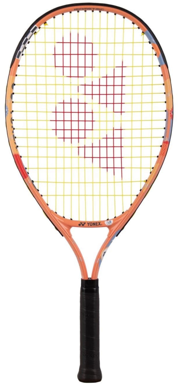 The Yonex Junior 23 Coral Orange Tennis Racket by Yonex features a black handle, coral orange frame, yellow strings, and a red logo—making it an ideal kids' racket for young players.