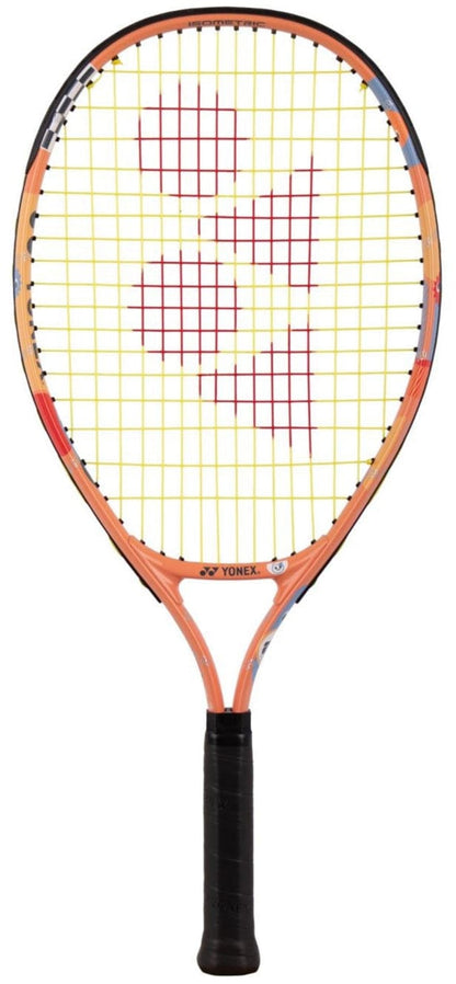 The Yonex Junior 23 Coral Orange Tennis Racket by Yonex features a black handle, coral orange frame, yellow strings, and a red logo—making it an ideal kids' racket for young players.