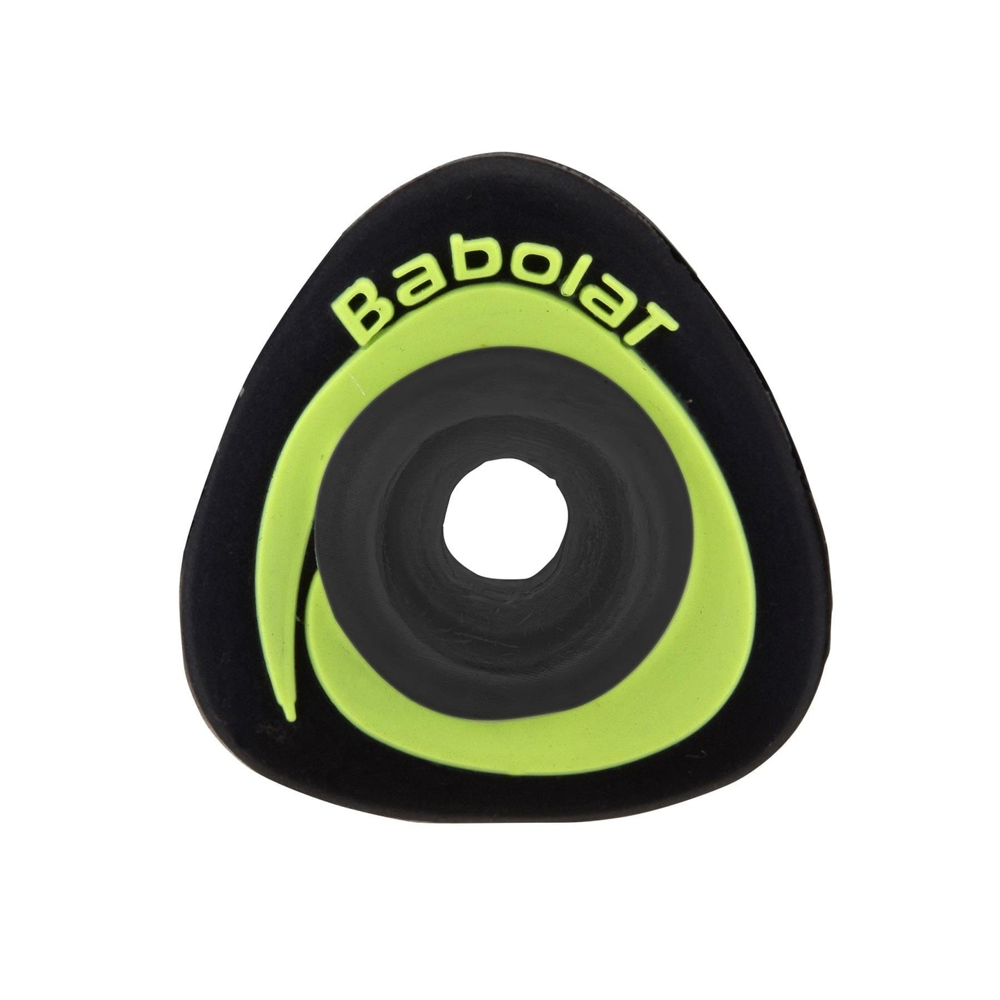 A blue and yellow Babolat Sonic Damp X2 tennis dampener featuring a circular hole in the center and the Babolat logo on top.