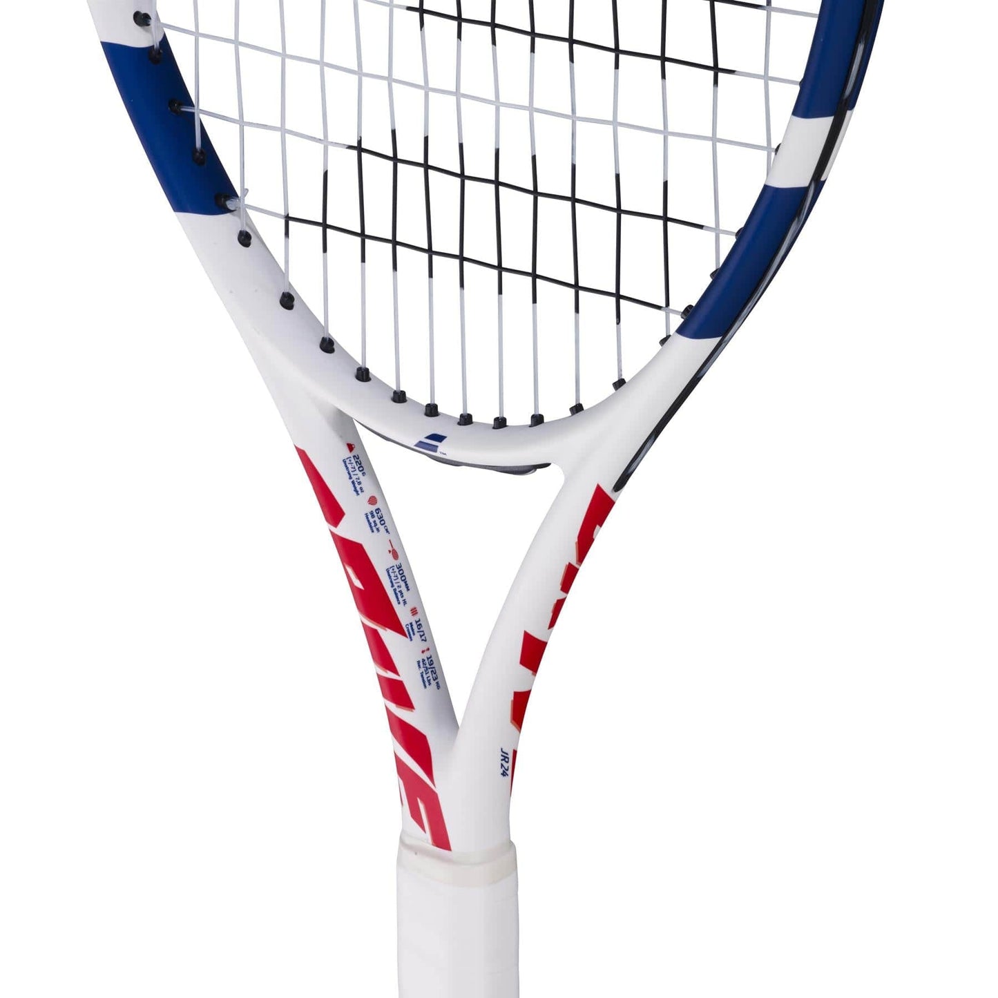Close-up of the Babolat Drive Junior 24 Tennis Racket by Babolat, a kids' racket featuring a white frame with blue and red accents, detailed strings, and a handle wrapped in a white grip.