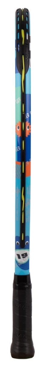 The Yonex Junior 19 Ocean Blue Tennis Racket by Yonex features a blue frame, playful animal faces, yellow and black strings, and a black handle—perfect for kids starting out on the court.