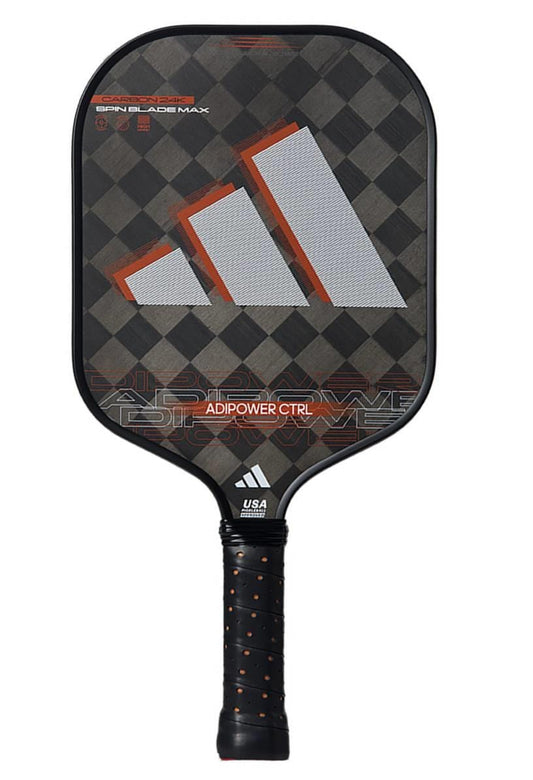 The adidas ADIDAS Adipower CTRL 3.3 Pickleball Paddle features a black and gray checkered design, three bold white stripes, "ADIPOWER CTRL" in orange by the handle, and advanced 24K Aluminized Carbon construction.