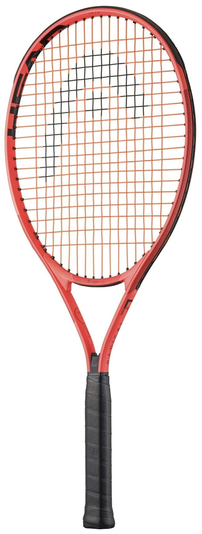 The HEAD Radical Junior 26 2025 Tennis Racket by HEAD is shown vertically with a red and black frame, a black grip, and orange strings, handle positioned at the bottom.
