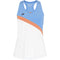 The Babolat Play 2025 Women's Tennis Tank Top in White/Blue Heather features a sleeveless design with a blue upper section, orange diagonal stripe, and white lower part. It has a v-neck and small logo on the left chest. Made from recycled polyester, it's ideal for athletic activities.