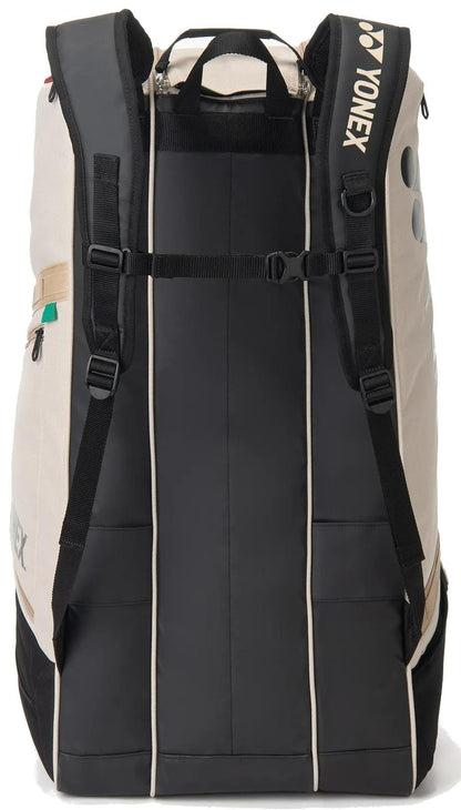 The Yonex BA72629EX Gearlogic 9 Racket Tennis Bag - Beige features a comfortable, supportive back, making it easy to carry all your gear to the court.