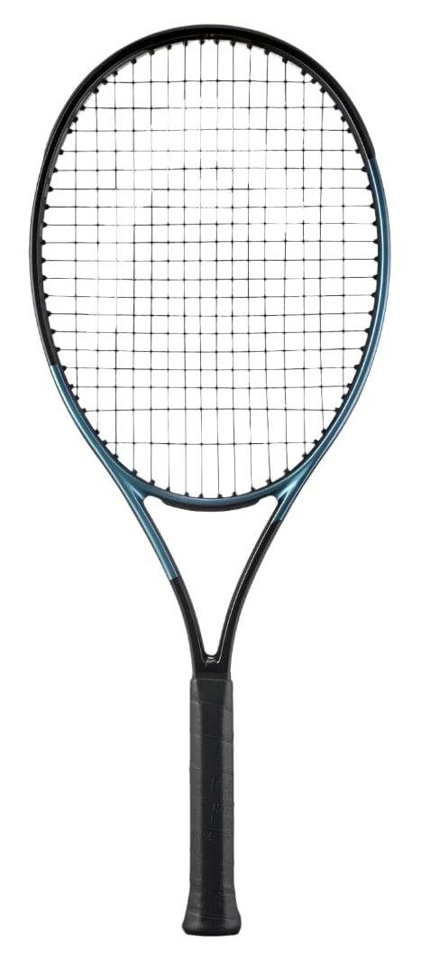 The HEAD Gravity Junior 2025 Tennis Racket by HEAD, featuring a black grip, dark frame, and tightly strung strings, is displayed upright against a white background.