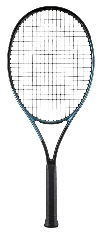 The HEAD Gravity Junior 2025 Tennis Racket by HEAD, featuring a black grip, dark frame, and tightly strung strings, is displayed upright against a white background.