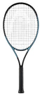 The HEAD Gravity Junior 2025 Tennis Racket by HEAD, featuring a black grip, dark frame, and tightly strung strings, is displayed upright against a white background.