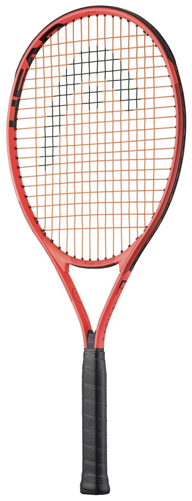 The HEAD Radical Junior 26 2025 by HEAD is a kids’ tennis racket in red and black with a black grip and tightly strung orange strings, shown vertically with the head at the top and handle at the bottom.