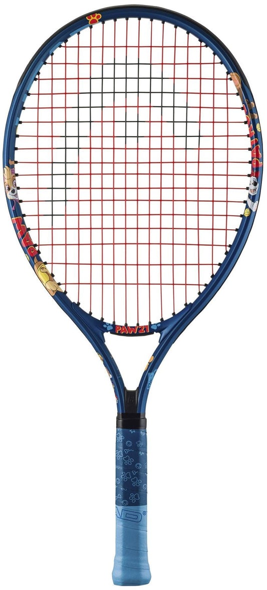 The HEAD x Paw Patrol 21 Junior Blue Tennis Racket features a blue frame with red strings, playful Paw Patrol cartoon graphics, and a patterned blue grip—ideal for junior players.