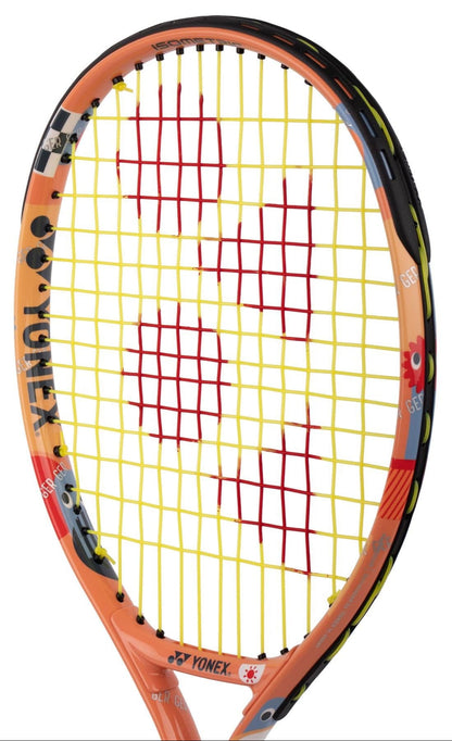 The Yonex Junior 17 Coral Orange Tennis Racket features fun cartoon designs, yellow strings, a red heart pattern, and the Yonex logo by the handle—ideal for young beginners.