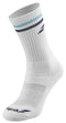 The Babolat Men's Team Single Tennis Socks in White and Estate Blue feature light blue and dark blue stripes near the top, combining style with breathability. They have a ribbed texture with a small Babolat logo on the side near the ankle and toe area.