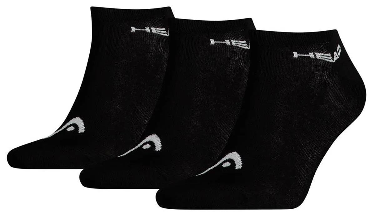 Three black low-cut socks from the HEAD Sneaker Tennis Socks (3 Pack) offer comfort and style with their soft cotton blend and feature white logos, showcased against a plain backdrop.