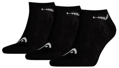 Three black low-cut socks from the HEAD Sneaker Tennis Socks (3 Pack) offer comfort and style with their soft cotton blend and feature white logos, showcased against a plain backdrop.