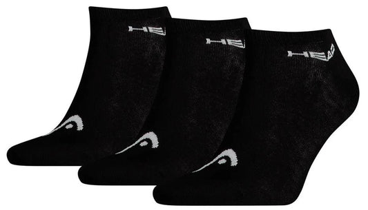Three black low-cut socks from the HEAD Sneaker Tennis Socks (3 Pack) offer comfort and style with their soft cotton blend and feature white logos, showcased against a plain backdrop.