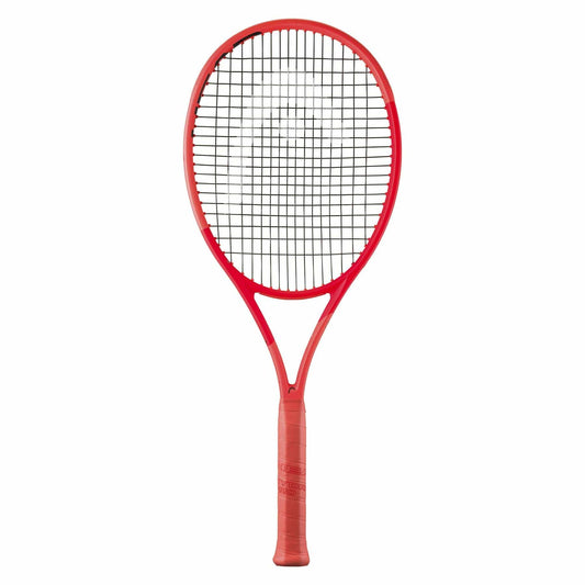 The HEAD Radical Team 2025 Tennis Racket, shown vertically on a white background, features black strings, a smooth rounded frame, and Auxetic 2.0 technology—ideal for all-court team players.