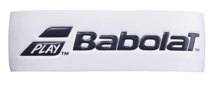 A close-up of a white Babolat wristband, showcasing the black logo, is reminiscent of the absorbent grip on the Babolat Syntec Pro X1 Replacement Tennis Grip. The stylized word "PLAY" with an arrow on the left side adds a dynamic flair to this essential tennis accessory.
