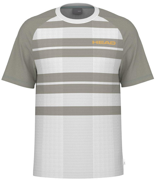 The HEAD Performance Men's Tennis T-Shirt - XPWG features green and white horizontal stripes, a gray collar, and "HEAD" in yellow on the right chest. It includes Moisture Transfer Microfiber technology for optimal court performance.