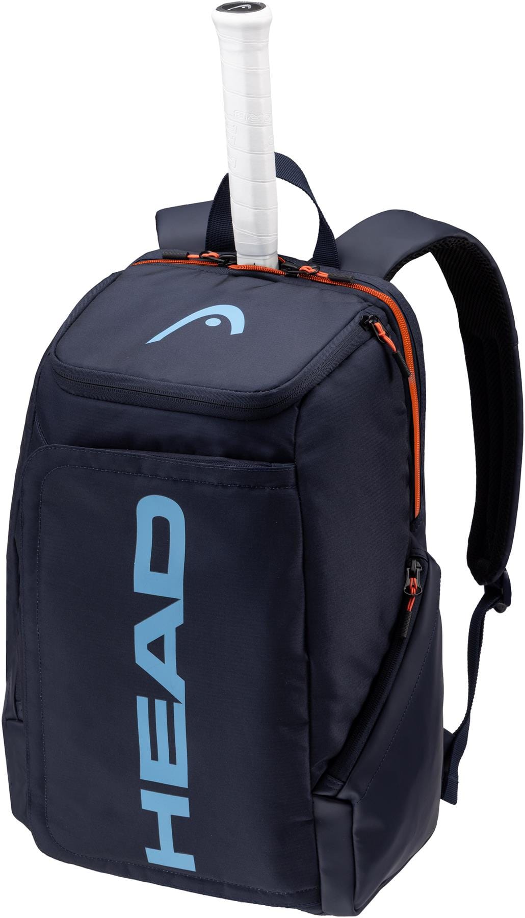 The HEAD Pro 28L Tennis Backpack in navy features light blue logo text, orange zippers, and a separate racket compartment with a white-handled racquet protruding from the top—ideal for tennis players on the go.