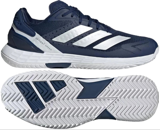 The adidas Defiant Speed 2 Men's Tennis Shoes in Dark Blue/Zero Metallic/Cloud White feature signature three stripes, lightweight construction, and a geometric zigzag-pattern sole for enhanced grip.