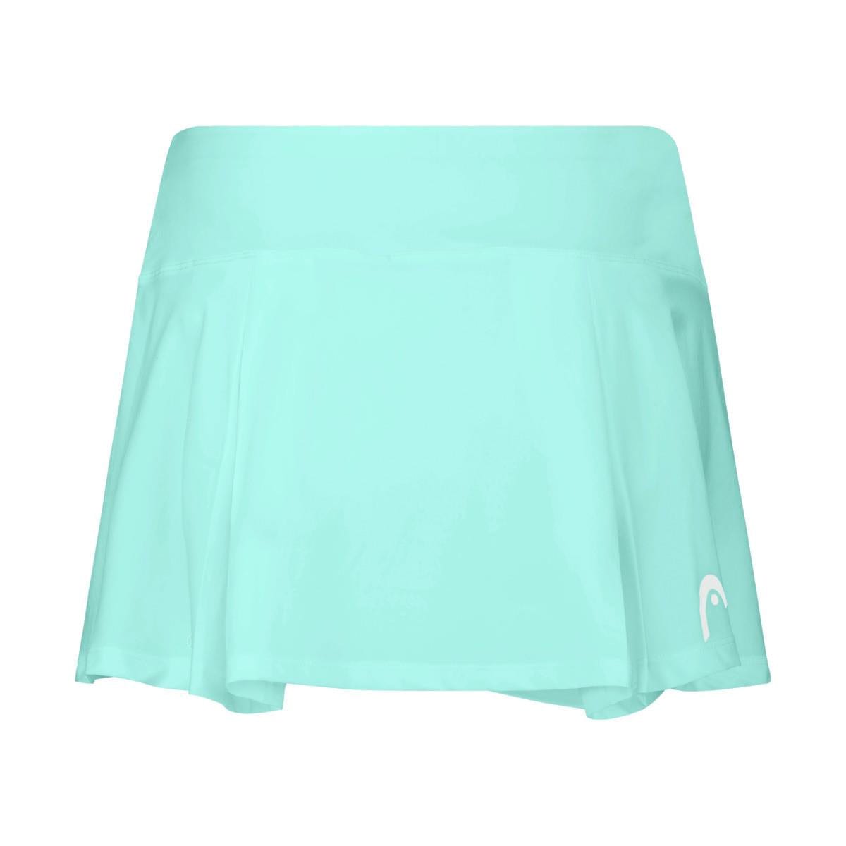 Introducing the HEAD Dynamic Women's Tennis Skort in Turquoise: This skort boasts a flared design and is made from moisture-wicking microfibre for unparalleled comfort. It also features 4-way stretch capability and a discreet white logo on the bottom right corner.