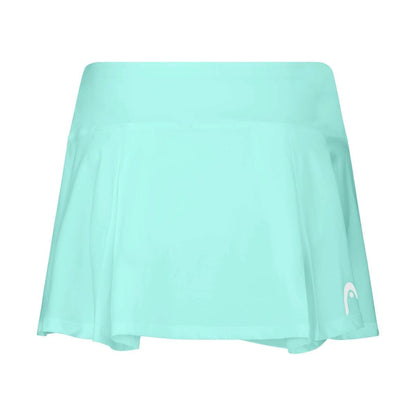 Introducing the HEAD Dynamic Women's Tennis Skort in Turquoise: This skort boasts a flared design and is made from moisture-wicking microfibre for unparalleled comfort. It also features 4-way stretch capability and a discreet white logo on the bottom right corner.