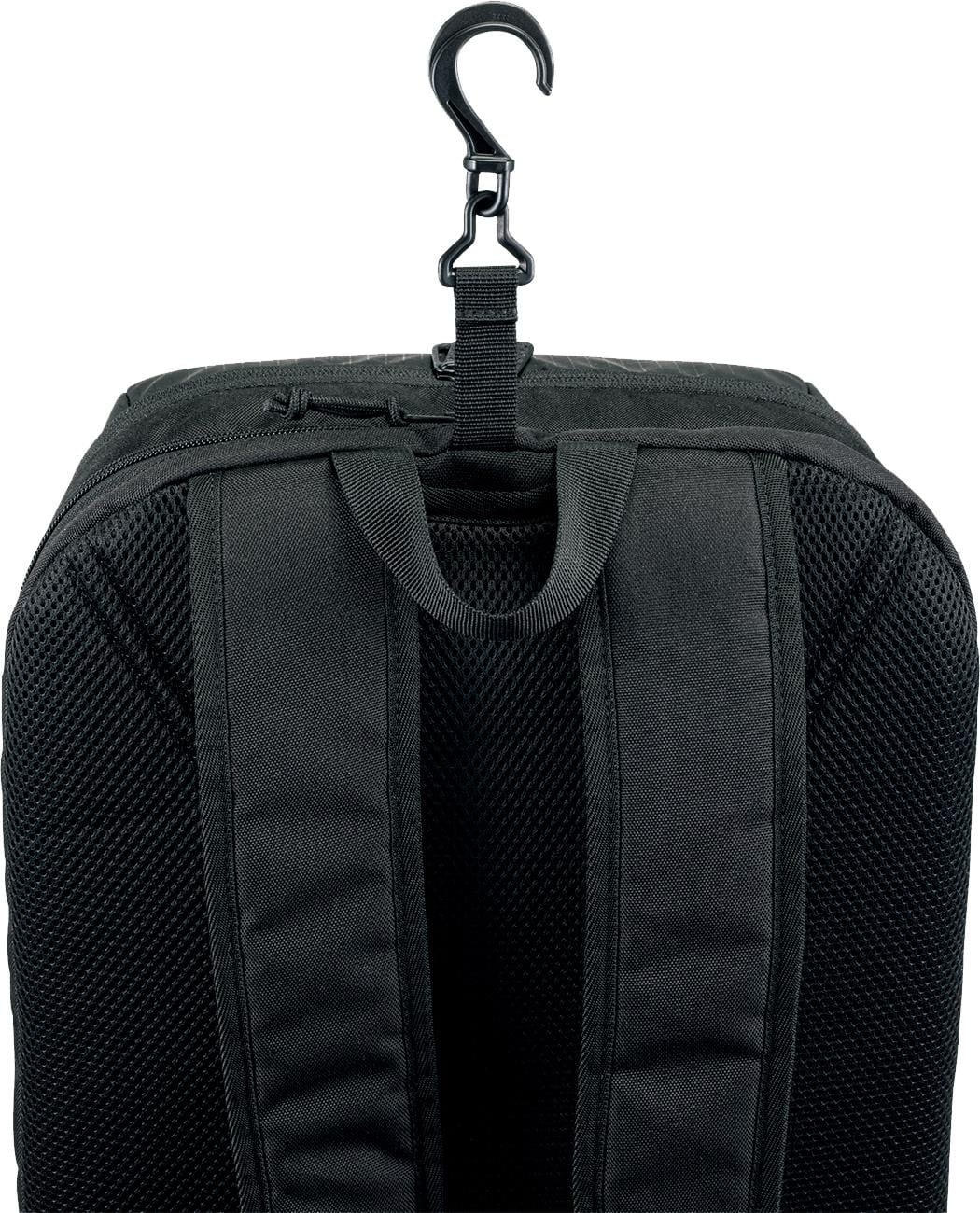 Close-up of the Yonex 42512EX Team Tennis Backpack - Ruby Red, highlighting padded shoulder straps, fabric handle, and a plastic hook for hanging.