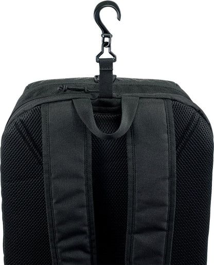 Close-up of the Yonex 42512EX Team Tennis Backpack - Ruby Red, highlighting padded shoulder straps, fabric handle, and a plastic hook for hanging.