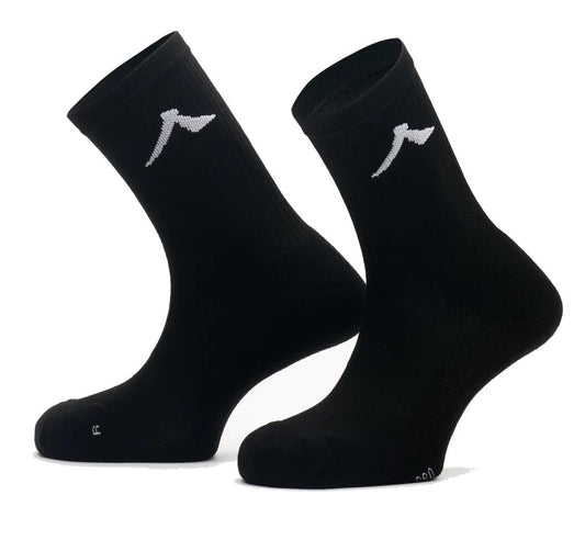 The Kanso Neo Pro Performance Crew Tennis Socks, in sleek black with a white logo, boast built-in cushioning and ventilation for ultimate comfort and performance. Displayed against a crisp white backdrop, these socks exemplify modern design from the Kanso brand.