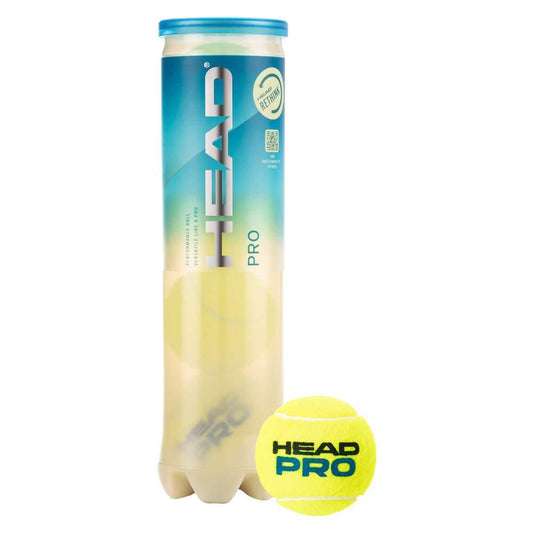 A HEAD Pro Tennis Balls tube features one ball outside, displaying the HEAD logo. The packaging is blue and white, with a transparent section that reveals the yellow balls inside. These tennis balls are enhanced with SmartOptik felt for improved visibility on the court.