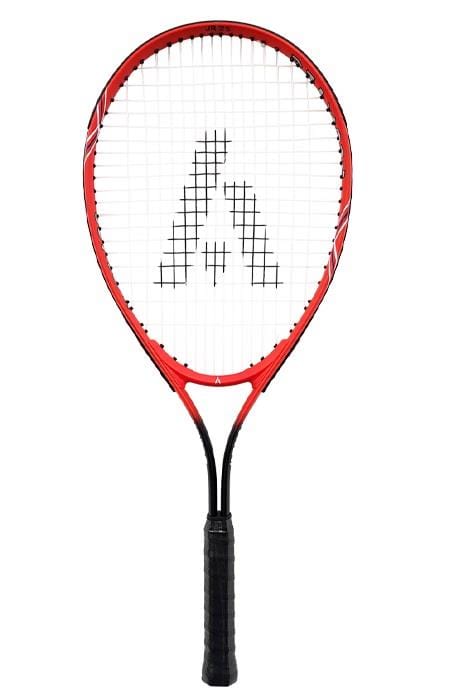 A red Ashaway 25 Junior Tennis Racket with black strings and a black grip handle is displayed against a white background. The aluminium strings create a pattern resembling the letter "A".