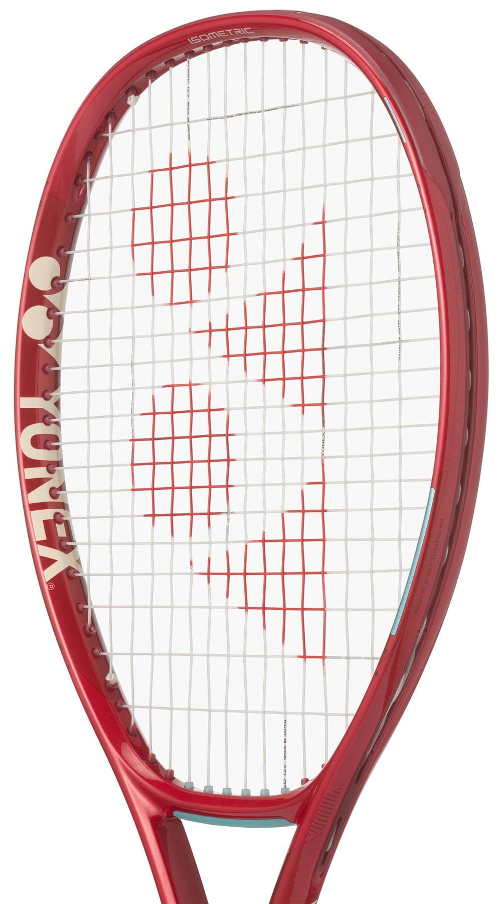 A close-up of the Yonex VCORE 100L Ruby Red 2026 Tennis Racket displays its white strings with red logo markings and part of the frame, crafted by Yonex for outstanding spin potential.