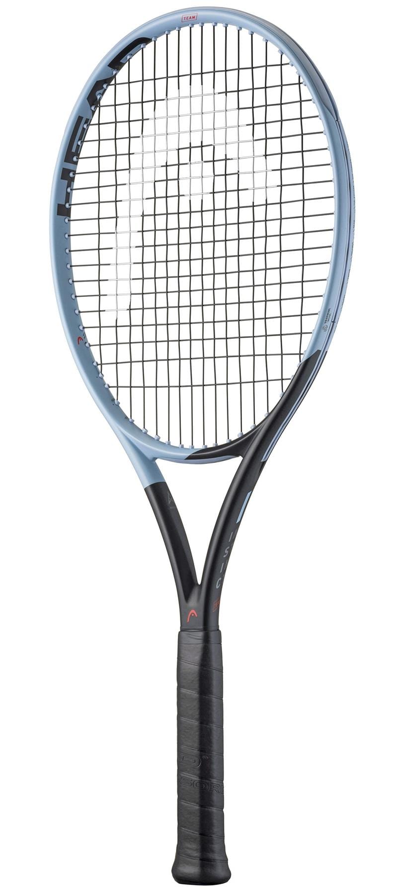 The HEAD Instinct Team 2025 Tennis Racket, in blue and black with a black handle and white strings, stands upright against a white background. The lightweight racket displays the HEAD brand name on its frame for unmistakable style.