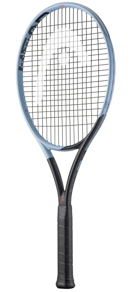 The HEAD Instinct Team 2025 Tennis Racket, in blue and black with a black handle and white strings, stands upright against a white background. The lightweight racket displays the HEAD brand name on its frame for unmistakable style.