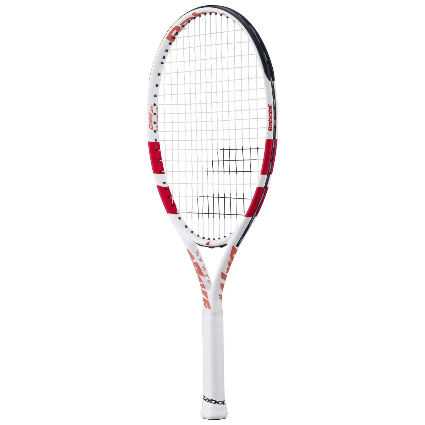 The Babolat Drive Junior 23 Tennis Racket by Babolat features a white frame with red accents, black strings, and a white grip—perfect for young players. Shown here against a plain white background.