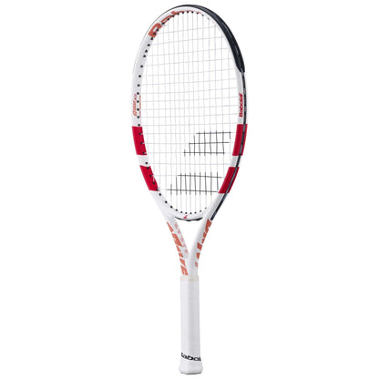 The Babolat Drive Junior 23 Tennis Racket by Babolat features a white frame with red accents, black strings, and a white grip—perfect for young players. Shown here against a plain white background.