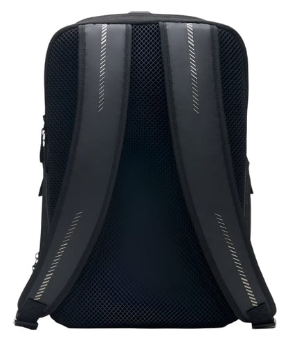 The Kanso Intuko Tennis 23L Backpack in black features padded, mesh-covered shoulder straps with reflective accents. Its ergonomic design ensures comfort and support, while a separate compartment offers organized storage, making it an ideal everyday companion.