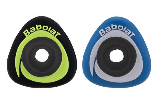 Two Babolat Sonic Damp X2 tennis dampeners by Babolat, one in blue and one in yellow, both triangular with a central hole.