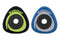 Two Babolat Sonic Damp X2 tennis dampeners by Babolat, one in blue and one in yellow, both triangular with a central hole.